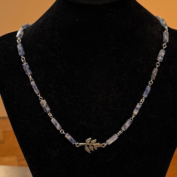 Genuine Blue White Sodalite Matinee Necklace, Gemstone & Leaf Branch Pendant - Picture 3 of 14